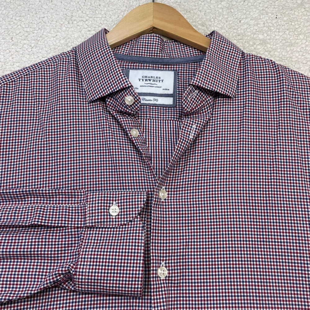 Charles Tyrwhitt Button Down Men 17.5/35 Red Navy Gingham Classic Fit 1440